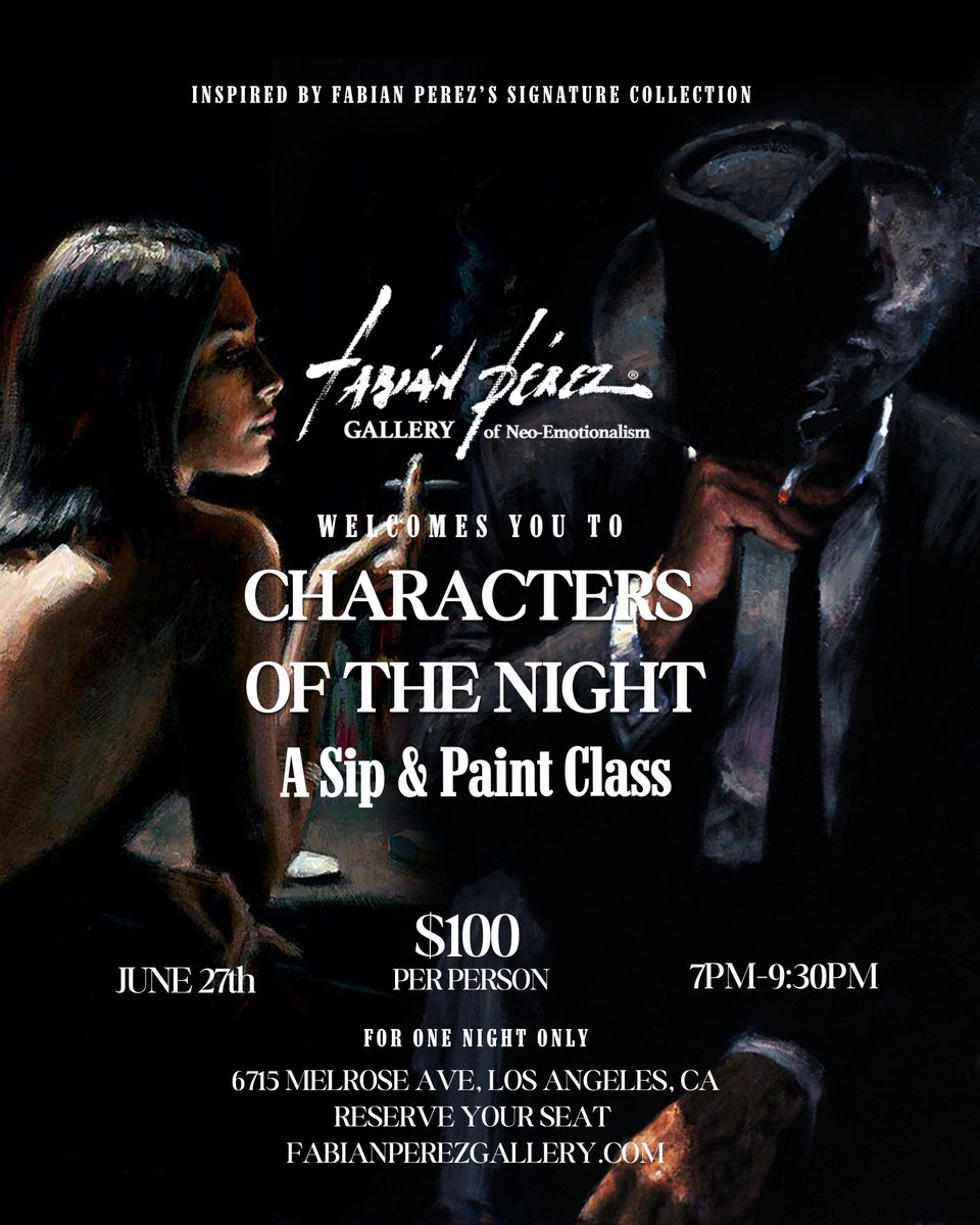 Fabian Perez Gallery welcomes you to Characters of the Night: A Sip &amp; Paint Class for one night only on June 27th. Lead by our Gallery Assistants and inspired by Fabian Perez’s Signature Collection!

Purchase Here: fabianperez.com/.../characters…