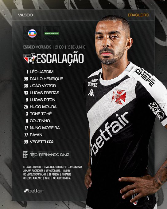  Vasco está escalado para enfrentar o São Paulo 