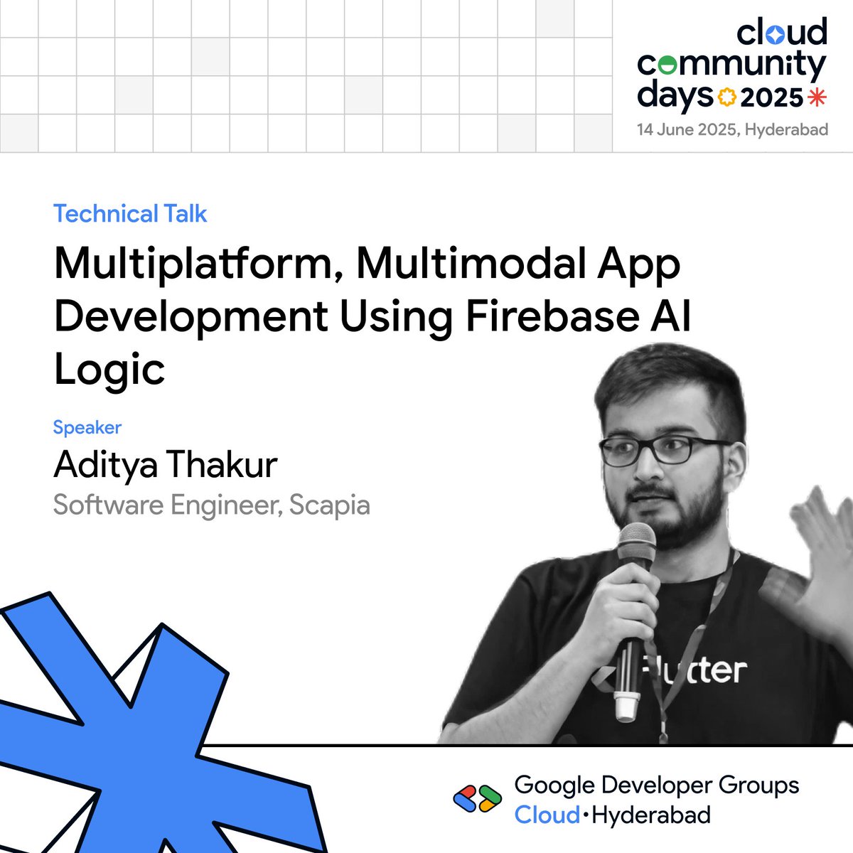📢 Meet our next speaker <a href="/Adityathakurxd/">Aditya Thakur</a>, Software Engineer at Scapia &amp; GDE (Flutter &amp; Dart).

Topic: Multiplatform, Multimodal App Dev with Firebase AI Logic.

From Gemini API to Live Generative AI, learn how to bring AI to Flutter!✨

🗓️ June 14 📍 HICC
#GCCDHyderabad #Flutter