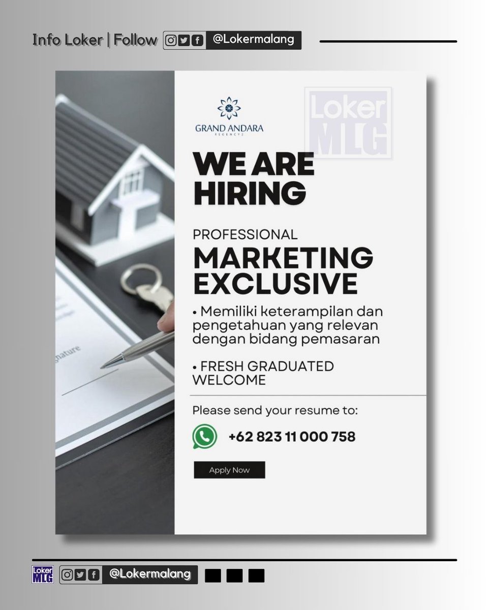 #Lokermalang 

Grand Andara membuka kesempatan bagi kamu yang memiliki keterampilan dan pengetahuan di bidang pemasaran Properti untuk bergabung sebagai Marketing Exclusive.

📩 Kirim CV kamu ke:
📲 WhatsApp: 0823 11 000 758