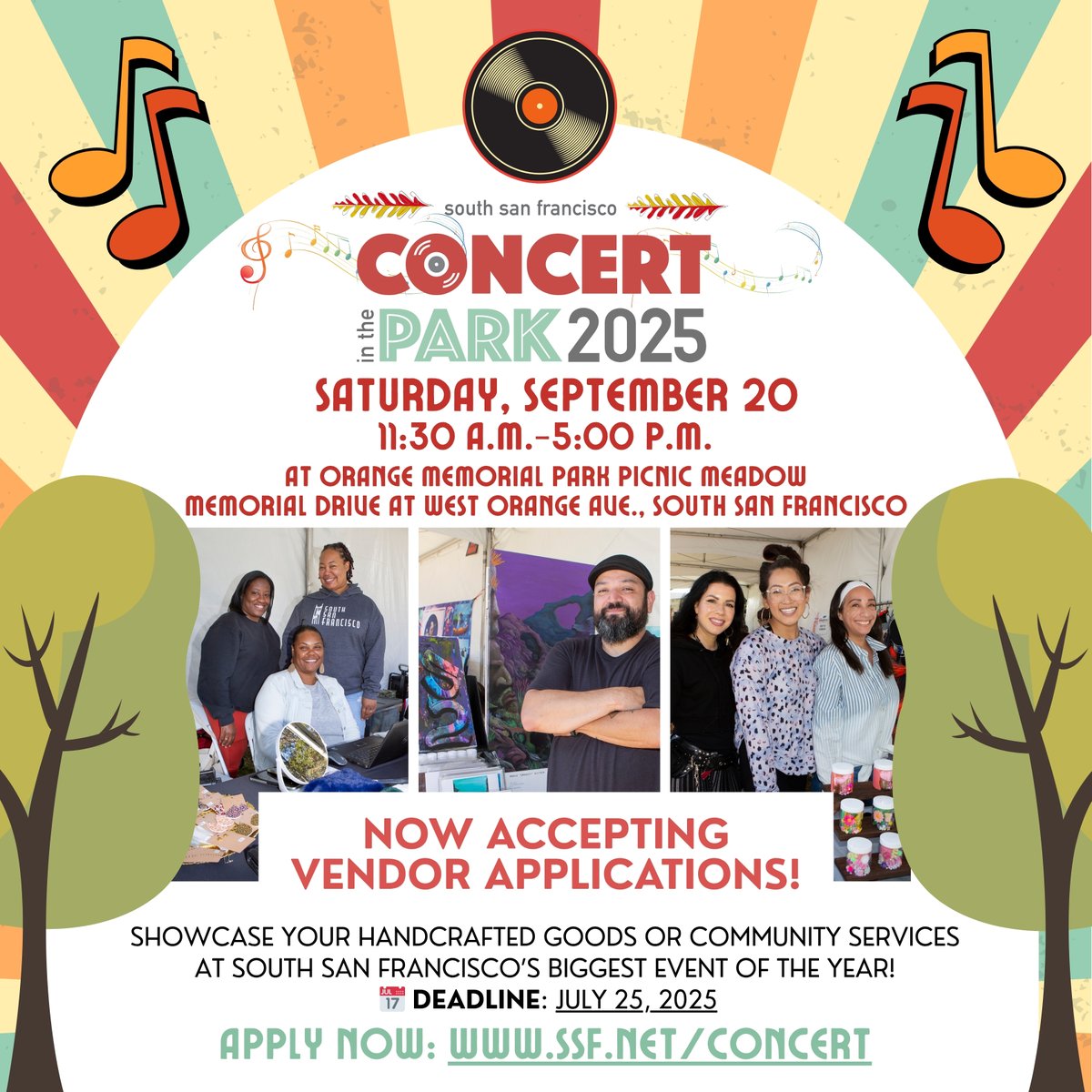 SSF Parks & Recreation (@ssfparksandrec) on Twitter photo VENDOR CALLOUT 📣
We're now accepting vendor applications for Concert in the Park 2025! Showcase your handcrafted goods or community services at South San Francisco Parks & Recreations biggest event of the year!
📅Deadline: 7/25/25
🔗Apply now: ssf.net/concert
<a href="/CityofSSF/">South San Francisco</a> VENDOR CALLOUT 📣
We're now accepting vendor applications for Concert in the Park 2025! Showcase your handcrafted goods or community services at South San Francisco Parks & Recreations biggest event of the year!
📅Deadline: 7/25/25
🔗Apply now: ssf.net/concert
<a href="/CityofSSF/">South San Francisco</a>