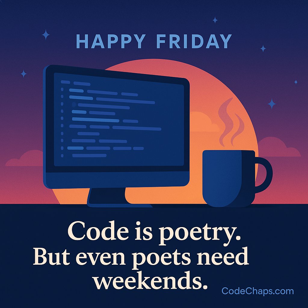 CodeChaps's tweet image. "Code is poetry. But even poets need weekends."
As we wrap up another productive week of building smart, scalable solutions—remember to rest, recharge, and come back stronger.
#HappyFriday #CodeChaps #SoftwareDevelopment #TechLife #WorkHardRestHard #AIInnovation #DevelopersLife