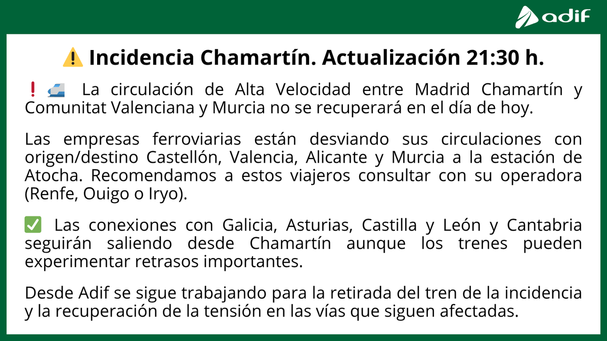 ⚠️Actualización de la incidencia en Madrid Chamartín 21:30 h. ⬇️