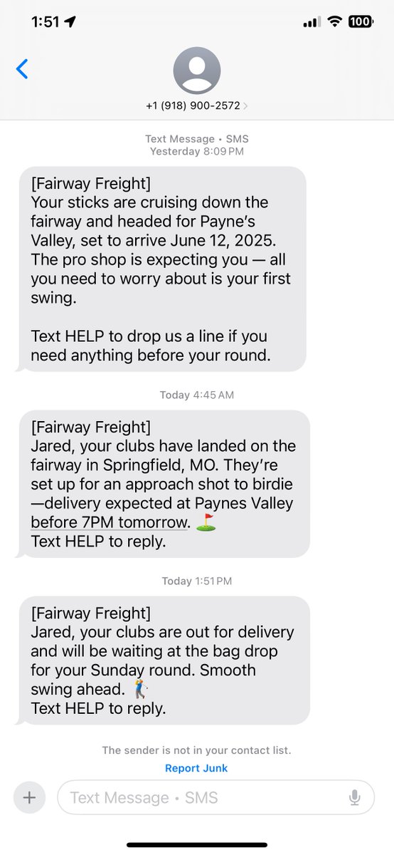 jaredgallagher's tweet photo. Unbelievably impressed with @shipmyclubs. No room in the car for my clubs on family vacation, and they came through BIG TIME. Simple process, tremendous communication. Thanks, Fairway Freight! https://t.co/XfsI3IThlf