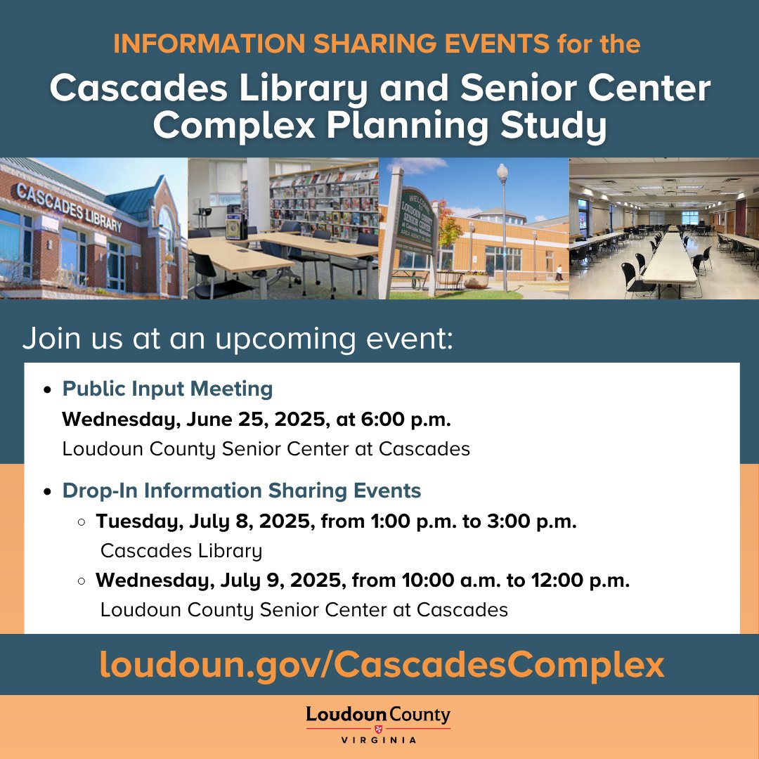 Loudoun Co. Govt. (@loudouncogovt) on Twitter photo #Loudoun County is seeking community feedback on the Cascades Library & Senior Center Complex as part of a planning study. A public information meeting will be held 6/25/25 at 6:00 p.m. at the Senior Center at Cascades. More: bit.ly/3HEgexc
<a href="/LoudounPrcs/">Loudoun PRCS</a>
<a href="/LoudounLibrary/">Loudoun Library</a> #Loudoun County is seeking community feedback on the Cascades Library & Senior Center Complex as part of a planning study. A public information meeting will be held 6/25/25 at 6:00 p.m. at the Senior Center at Cascades. More: bit.ly/3HEgexc
<a href="/LoudounPrcs/">Loudoun PRCS</a>
<a href="/LoudounLibrary/">Loudoun Library</a>