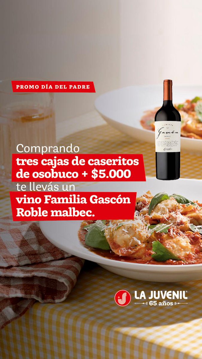 LaJuvenilPastas's tweet photo. 👨‍👧‍👦 Pa...Pá....¡Pastas!

🍷🍝 Celebremos con los nuevos caseritos de osobuco al malbec + un vino Familia Gascón Malbec de @Escorihuela Gascón

📅 Promo válida el sábado 14 y el domingo 15 de junio, en las sucursales indicadas 👉 https://t.co/dTdNni3MdJ