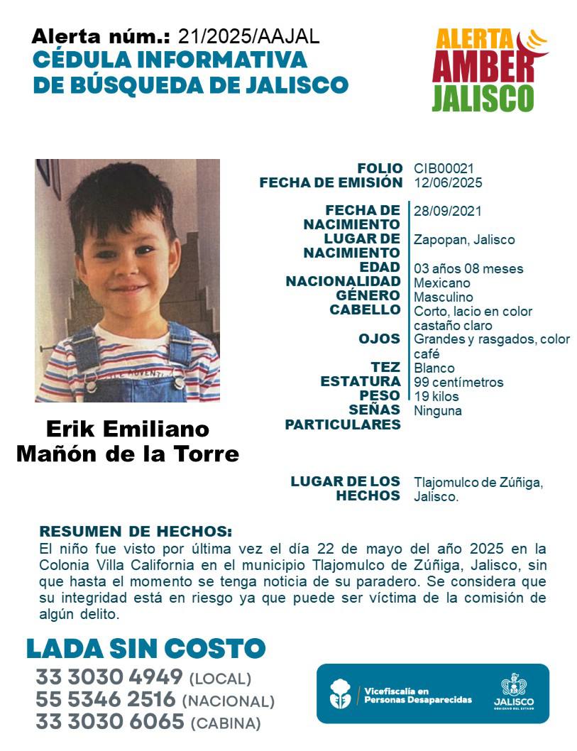 #AlertaAmber solicita su apoyo y colaboración para la búsqueda y localización de ERIK EMILIANO MAÑON DE LA TORRE de 3 años de edad. Gracias por compartir la información.