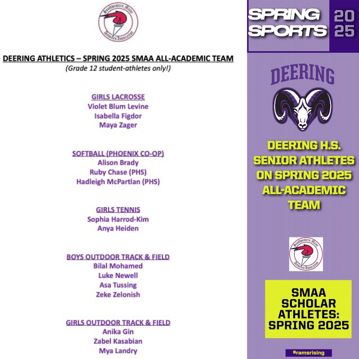 Congratulations to our DHS Spring Sports '25 SMAA All-Academic Team!!! Well done to all in the classroom this spring and leading the way as academic all-stars. #ramsrising
