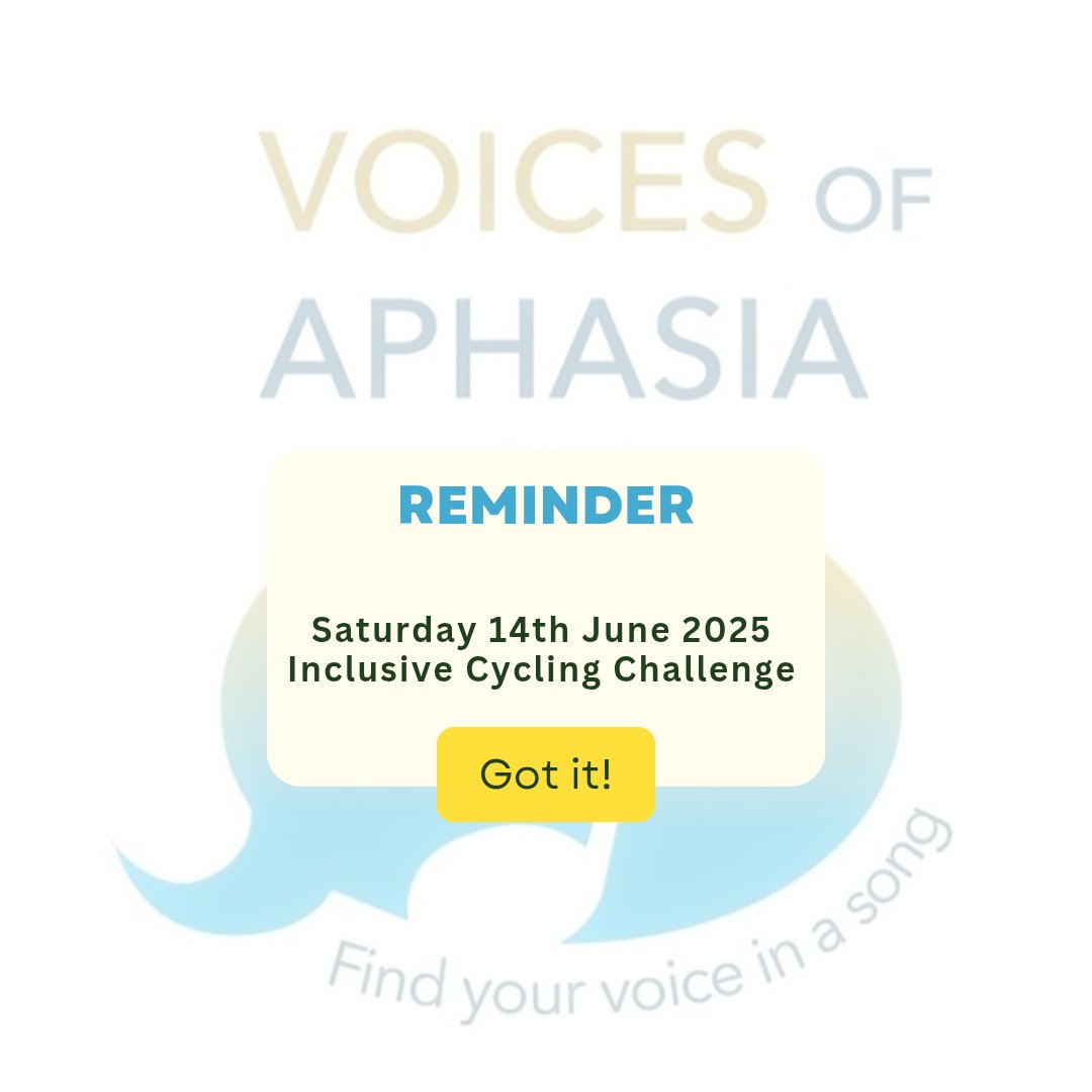 AphasiaChoir's tweet photo. 🗣 REMINDER: We will be taking on a cycling challenge on Saturday 14th June.

🫶 All money raised will go towards supporting the running of our charity choir groups.

There's still time to get involved. (1/2). https://t.co/1CvR22iben
