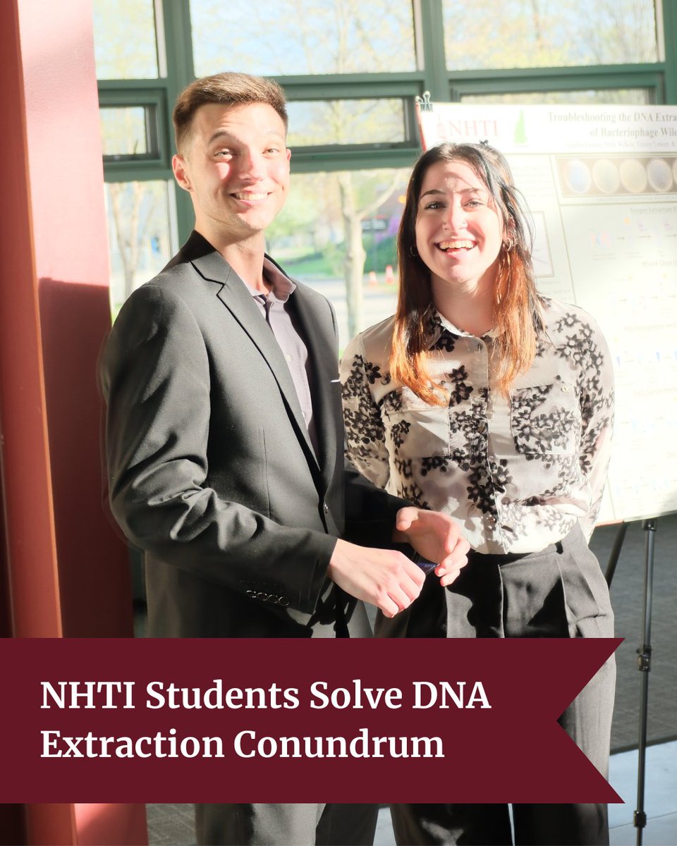 Noah Ford and Sophia Lemay refined a method to extract DNA from a bacteriophage, allowing future classes to make new virus discoveries. Read about these incredible students: lynx.nhti.edu/nhti-students-… #youbelonghere #choosecommunity #lynxnation