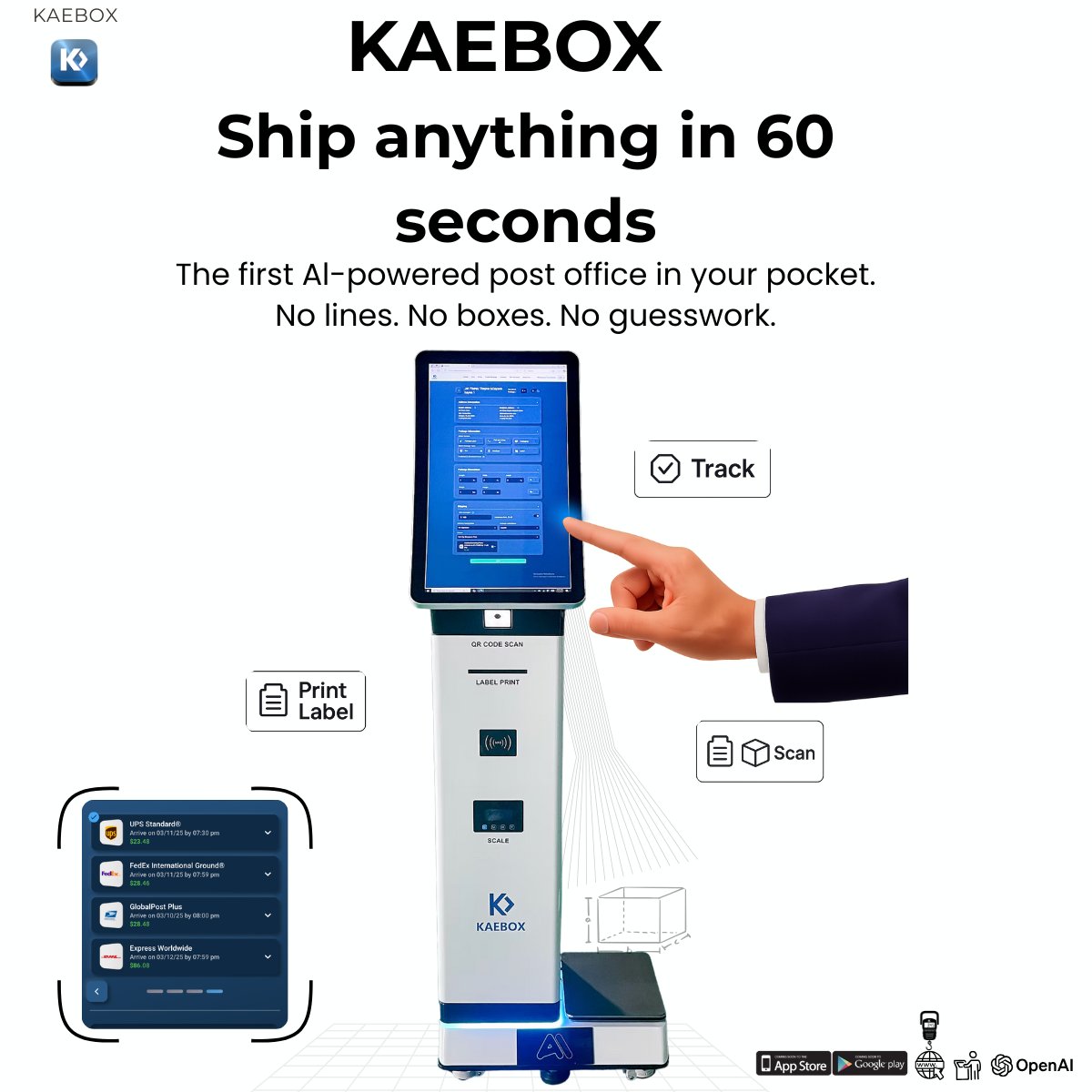 Kaebox1's tweet photo. Ship in 60 s. Kaebox AI Smart-Shipping Station prints labels, auto-fills customs &amp; ships to 220+ countries. Drop parcel on smart scale—size/weight auto. 7-language, ADA, zero upkeep. 42 % fewer pkg-room visits in pilots. Q4 slots: Help@kaebox.com #Kaebox #AI #Logistics #PropTech https://t.co/GsFpt8jrQ1