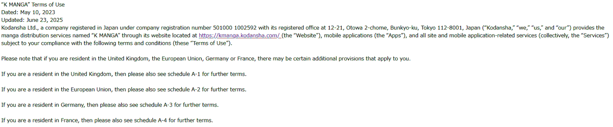 According to the latest update to the Terms of Use, KMANGA will become available in Europe as of June 23rd, 2025!

The updated Terms of Use can be found below:
kmanga.kodansha.com/kweb/rule_2506
archive.today/ka58x (archive link for those unable to access the main link)
#KMANGA