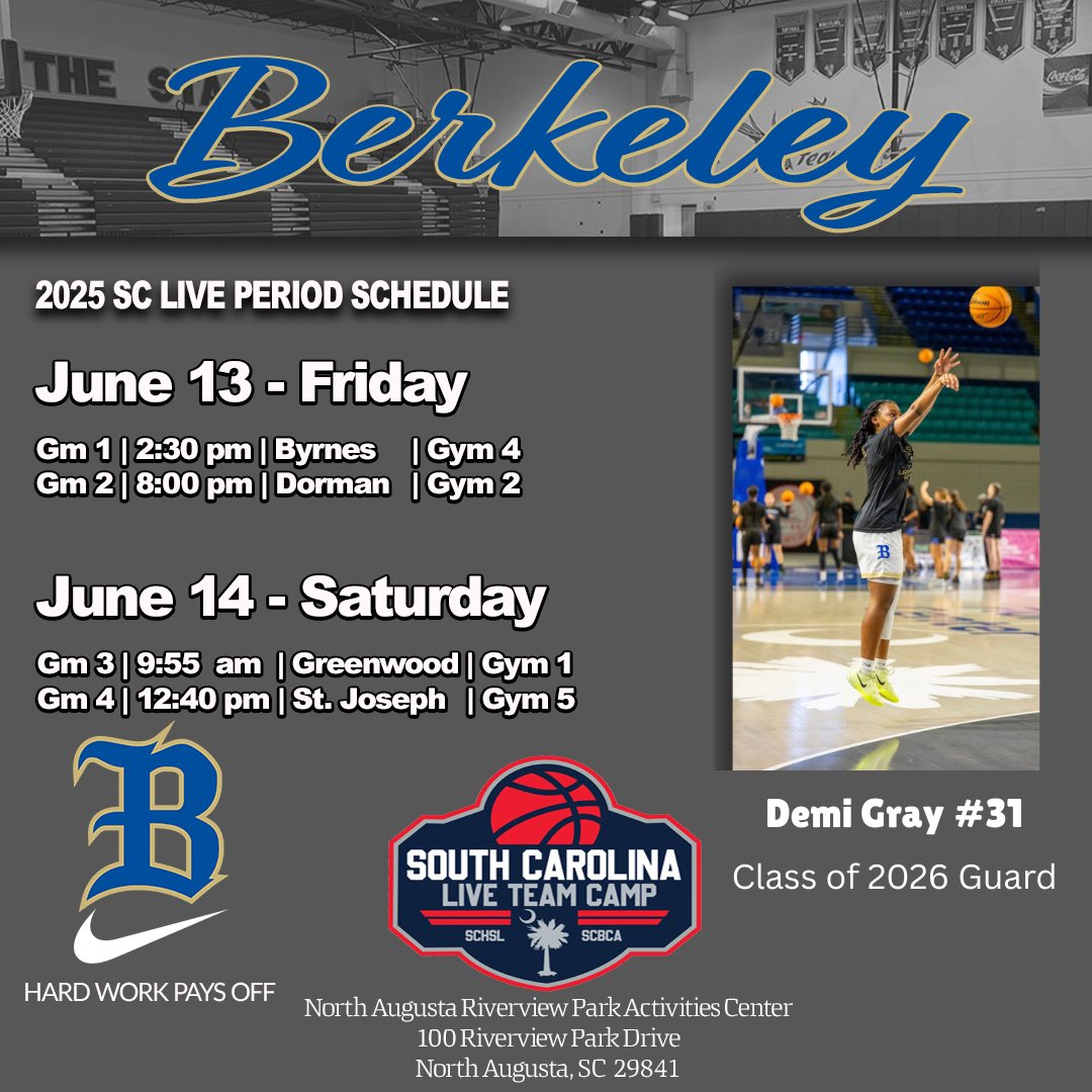 Demi (@demiallgray) on Twitter photo SC LIVE → GAMETIME!! Come check us
out tommorow and Saturday @ Augusta
Riverview Park Activities Center. !! <a href="/SCBCA/">South Carolina Basketball Coaches Association</a> <a href="/ladystagshoops/">Berkeley Lady Stags Hoops</a> #BetterTogether #JUNEALLIN #BetterAtBerkeley ! SC LIVE → GAMETIME!! Come check us
out tommorow and Saturday @ Augusta
Riverview Park Activities Center. !! <a href="/SCBCA/">South Carolina Basketball Coaches Association</a> <a href="/ladystagshoops/">Berkeley Lady Stags Hoops</a> #BetterTogether #JUNEALLIN #BetterAtBerkeley !
