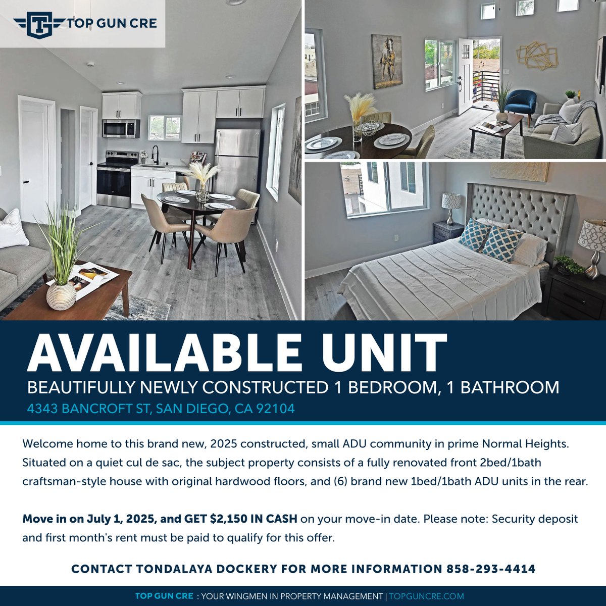 Available unit for rent!

4343 Bancroft St, San Diego, CA 92104

$2,150/Mo 1beds 1 baths 450sqft

Contact Tondalaya at (858) 293-4414 for more information.