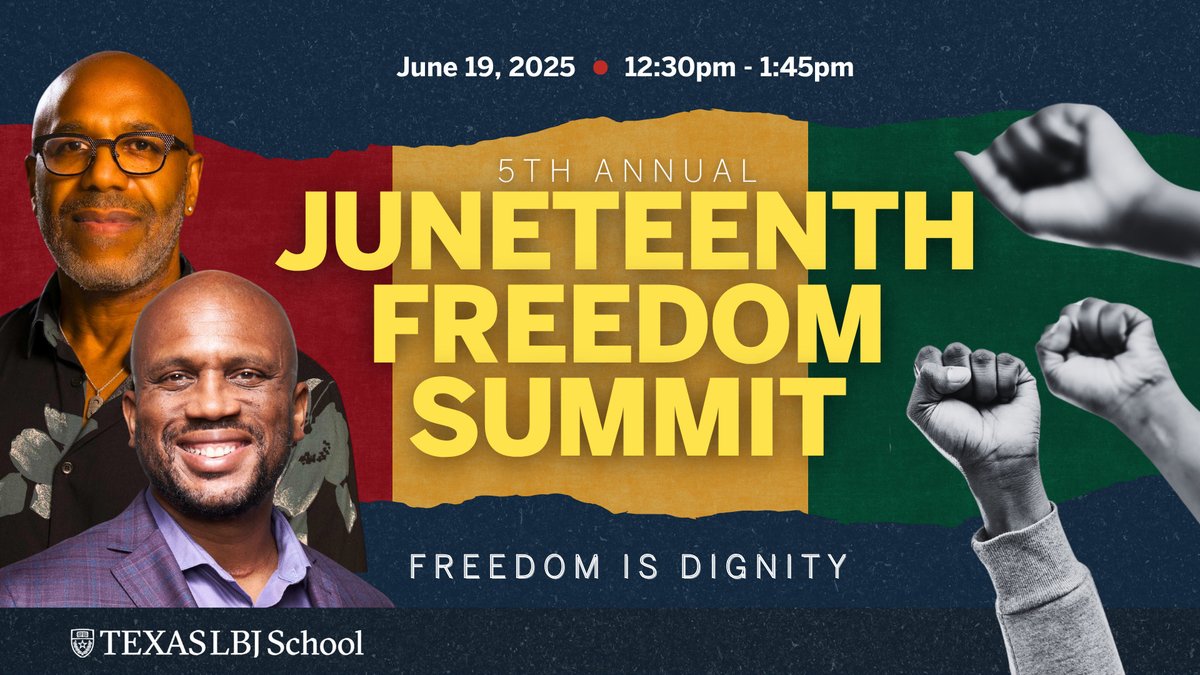 The LBJ School (@thelbjschool) on Twitter photo The LBJ School is proud to partner with @CSRDUT for the 5th Annual Juneteenth Freedom Summit: "Freedom is Dignity," moderated by LBJ’s own <a href="/PenielJoseph/">Dr. Peniel E. Joseph 🇭🇹🇺🇸</a> 🌟
🔗 Learn more and RSVP: bit.ly/43EpQ3K The LBJ School is proud to partner with @CSRDUT for the 5th Annual Juneteenth Freedom Summit: "Freedom is Dignity," moderated by LBJ’s own <a href="/PenielJoseph/">Dr. Peniel E. Joseph 🇭🇹🇺🇸</a> 🌟
🔗 Learn more and RSVP: bit.ly/43EpQ3K