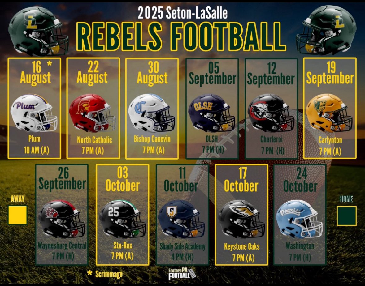 Thank you 🤲 for graphic‼️<a href="/END2008/">END2008</a> 
8/22 <a href="/NCtrojansFB/">NORTH CATHOLIC FOOTBALL</a> (JC Stone)
8/30 @CrusadersFball (Dormont) 
9/5 <a href="/OLSHFOOTBALLHS/">OLSH High School Football</a> (Brentwood)
9/12 vs <a href="/CharleroiCougar/">Charleroi Football</a> (Dormont)
9/19 vs <a href="/CarlyntonFB/">Carlynton Football Team</a> 
9/26 vs @WaynesburgQBC (Brentwood)
10/3 vs <a href="/StoRoxFB/">Vikings Football</a> 
10/11 vs <a href="/SSABulldogs/">Southampton Bulldogs</a>  (Dormont) 
10/17