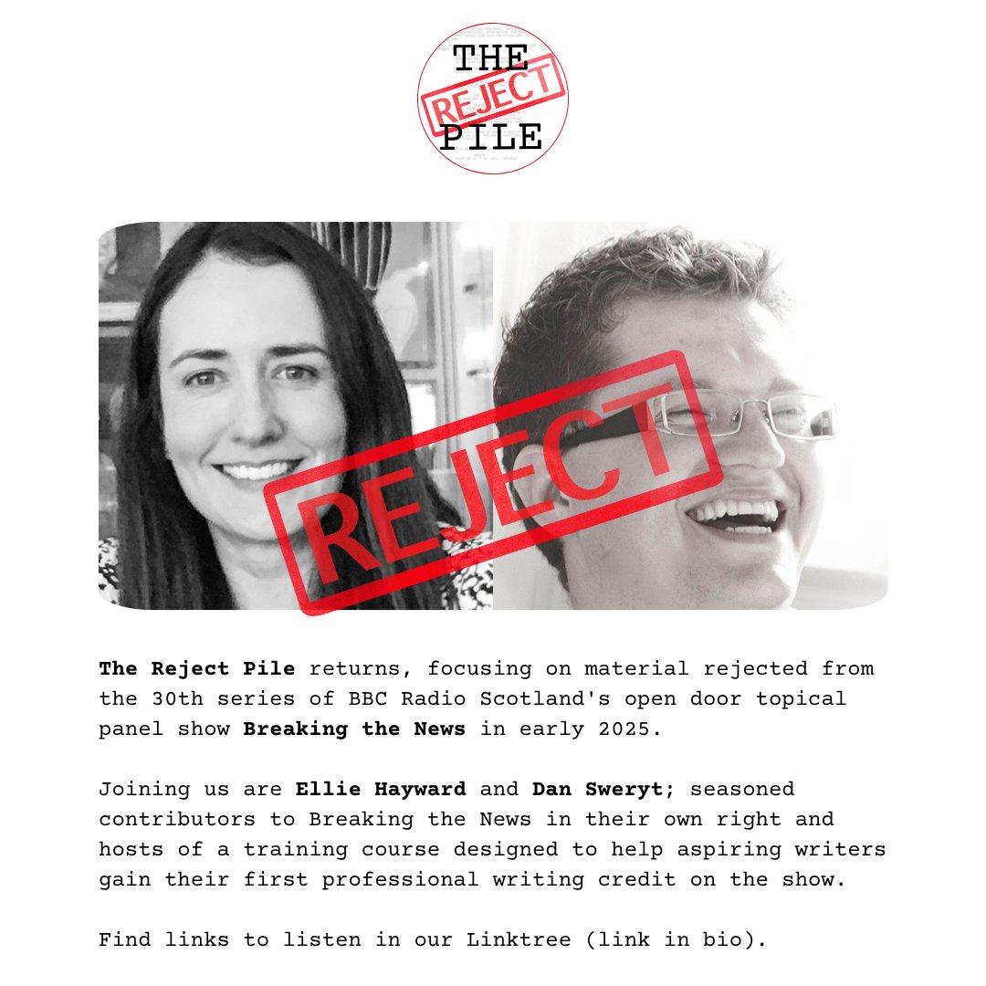 The Reject Pile returns, joined by <a href="/elliehay/">Ellie Hayward</a> and <a href="/swerytd/">Dan Sweryt 🇺🇦 Слава Україні!</a> who discuss material submitted to <a href="/BBCRadioScot/">BBC Radio Scotland</a>'s Breaking the News and their training course designed to help aspiring writers gain their first professional writing credit on the show. 

Listen at linktr.ee/RejectPilePod