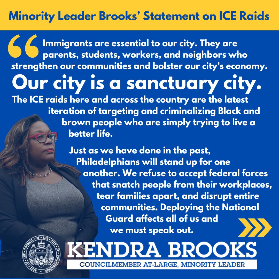 KendraPHL's tweet image. Our city is a sanctuary city. My statement on ICE raids and protecting our immigrant neighbors: