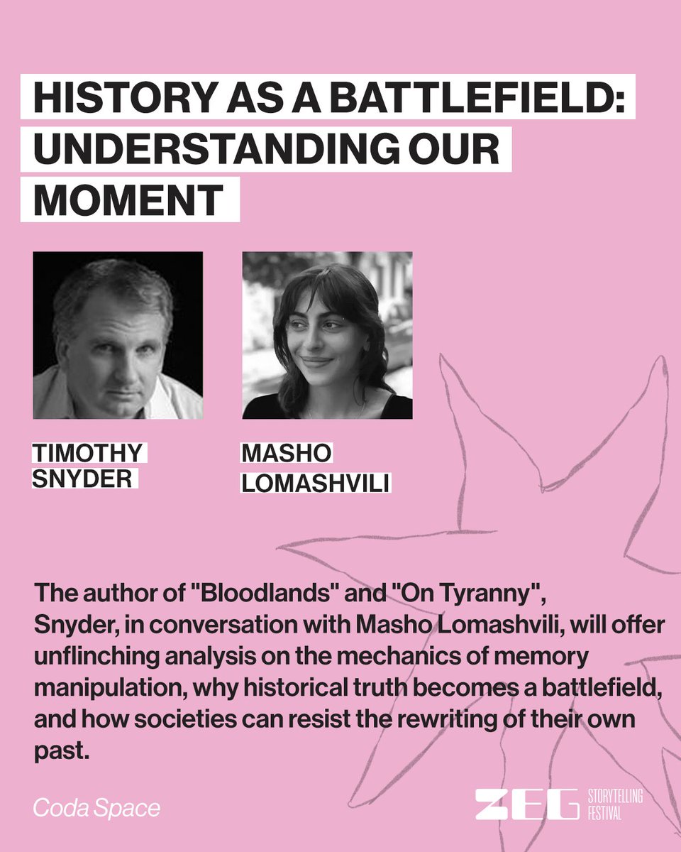 From rewriting history to resisting authoritarianism—these talks dig into the forces shaping our world and how we fight back. <a href="/antelava/">natalia antelava</a> <a href="/julieposetti/">Dr. Julie Posetti</a> <a href="/TimothyDSnyder/">Timothy Snyder</a> <a href="/kandelakigiorgi/">Giorgi Kandelaki</a> <a href="/Masho___o/">Masho Lomashvili</a> <a href="/maksymeristavi/">maksym eristavi.</a> <a href="/MaryWalterBrown/">Mary Walter-Brown</a> 

〰️ Full program: zegfest.com/program-zeg-20…
