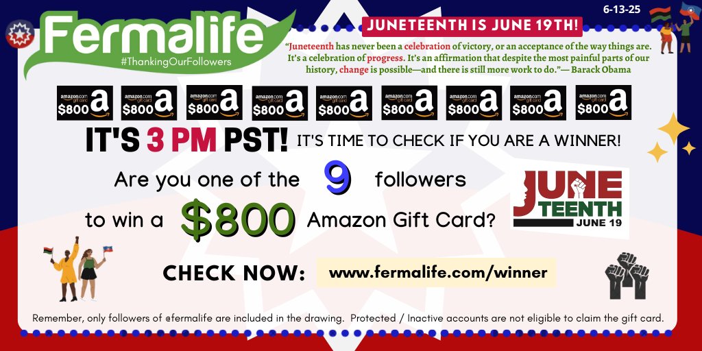 ✨IT'S 3PM PST---It's time to check if you are a winner of our monthly #ThankingOurFollowers drawing for 9 random followers to win a $800 #AmazonGiftCard 💰CHECK NOW: fermalife.com/winner (Winners have 24 hrs to confirm their win!) 💯