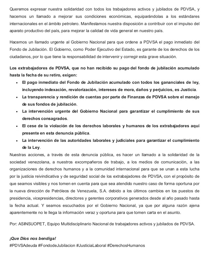 ASINSUOPETB's tweet photo. 🚨 URGENTE:+600 extrabajadores d PDVSA EXIGEN pago d Fondo d Jubilación acumulado. Llevamos 3AÑOSesperando nuestroDinero,¡nuestro patrimonio!💰La crisis económica y la inacción d PDVSAnosTienenEn vilo QuiénEsEl responsable? QuiénAsumeEstaViolación d derechos laborales y humanos? https://t.co/Be7dwwm2jR