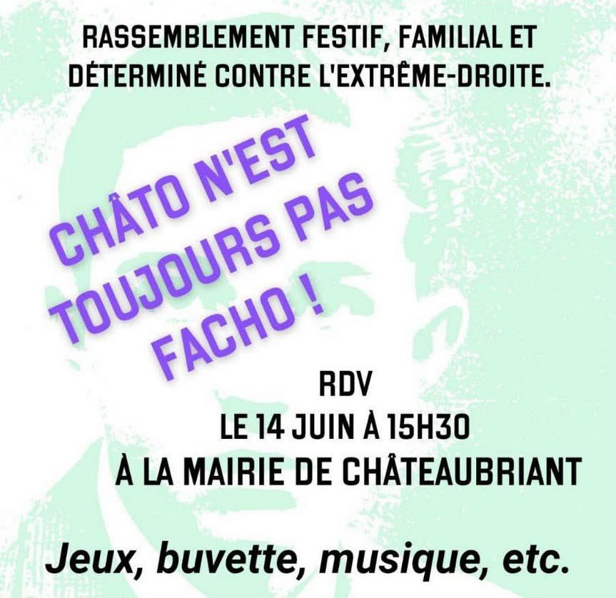 [#KASTELLBRIENT / #CHÂTEAUBRIANT]

Le comité "Réveillons la résistance" organise une contre-manif face à l'organisation d'un évènement néo-nazi et royaliste dans le pays de Châteaubriant le 14 juin à 15h30.