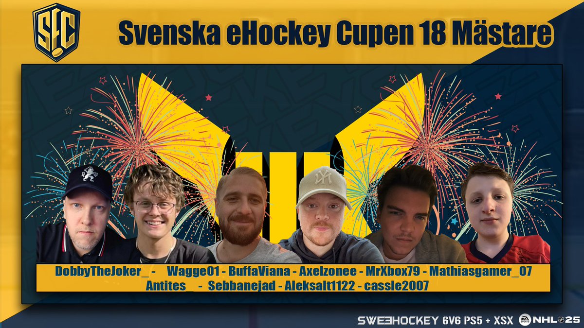 🏆 VI HAR EN MÄSTARE I SEC 18! 🏆

Västerås IK tar hem titeln i Svenska eHockey Cupen 18 efter en stark finalinsats! 🎉🔥

👏 Stort grattis till:
DobbyTheJoker - Wagge01 - BuffaViana - Axelzonee - MrXbox79 - Mathiasgamer_07 - Antites - Sebbanejad - Aleksalt1122 - cassle2007