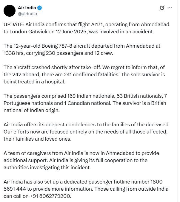 242 यात्रियों में से 241 की मौत - एयर इंडिया