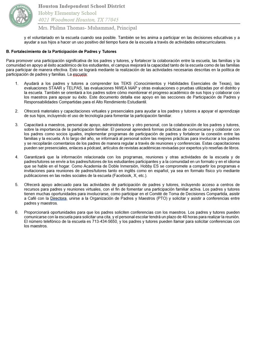 Dear Hobby Families, 
We are please to share our PFE Policy in English and in Spanish.