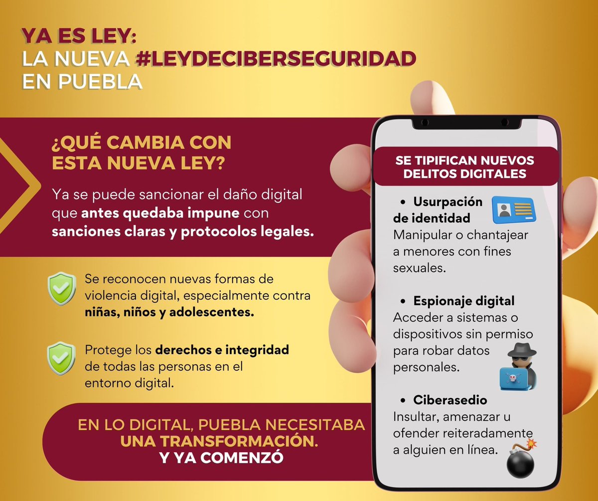 José Luis García Parra (@jlg_parra) on Twitter photo ¡Ya es ley! ✅
Hoy las y y los Diputados del <a href="/CongresoPue/">H. Congreso de Puebla</a> aprobaron la nueva #LeyDeCiberseguridad para cuidar y proteger a las y los Poblanos. 🛡️
Ahora toca hacerla valer. Desde el Gobierno del Estado, encabezado por <a href="/armentapuebla_/">Alejandro Armenta</a>, vamos a trabajar para que se cumpla con ¡Ya es ley! ✅
Hoy las y y los Diputados del <a href="/CongresoPue/">H. Congreso de Puebla</a> aprobaron la nueva #LeyDeCiberseguridad para cuidar y proteger a las y los Poblanos. 🛡️
Ahora toca hacerla valer. Desde el Gobierno del Estado, encabezado por <a href="/armentapuebla_/">Alejandro Armenta</a>, vamos a trabajar para que se cumpla con