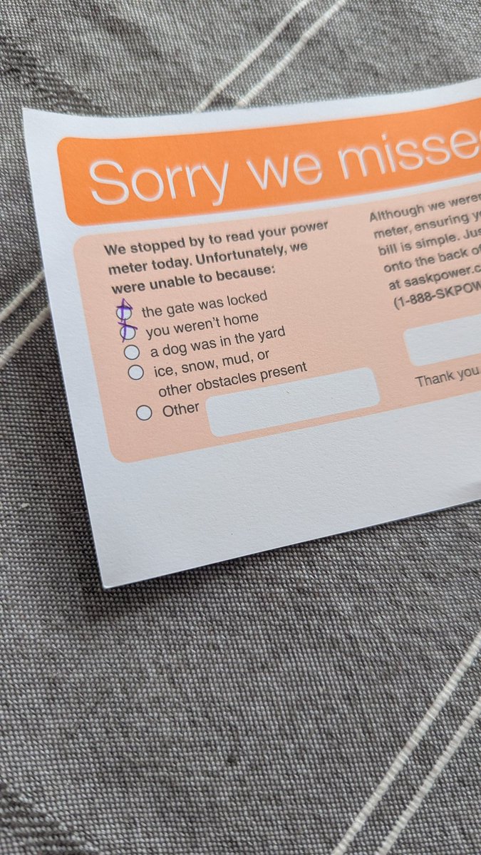 Hey <a href="/SaskPower/">SaskPower</a> your meter readers actually have to knock or ring the bell to know if anyone is home! With 2 dogs, a door bell camera and someone who works from home, we were here! #Lakeview #regina
