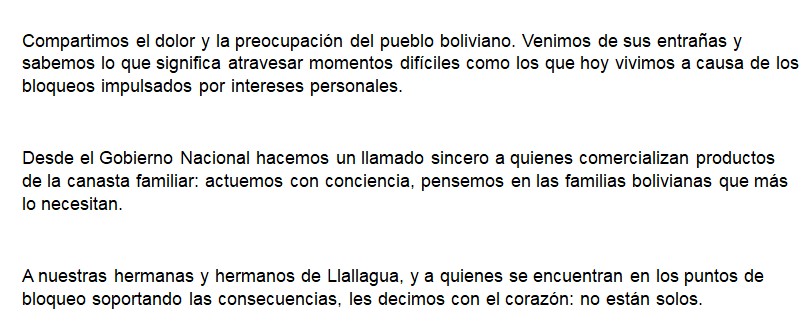 Desde el Gobierno Nacional hacemos un llamado sincero a quienes comercializan productos de la canasta familiar: actuemos con conciencia, pensemos en las familias bolivianas que más lo necesitan.
