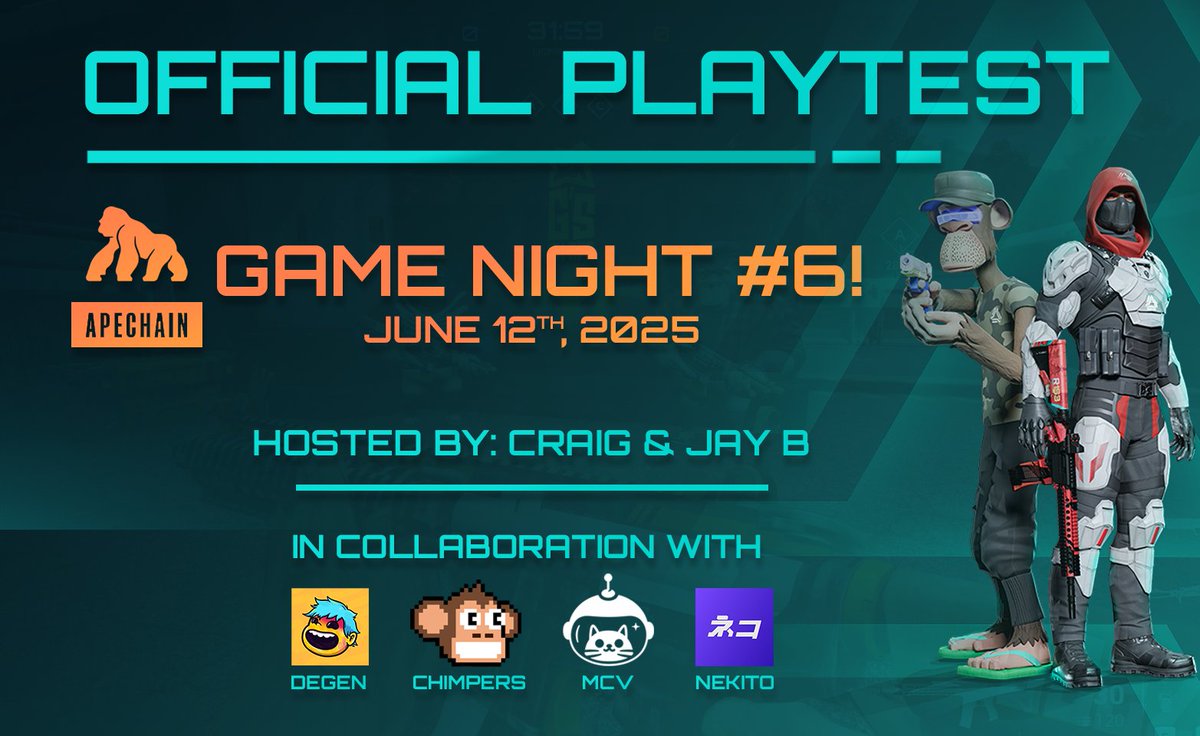 Craig (@craigdoesweb3) on Twitter photo T-minus 90 minutes...
Do you even game?
Come and join us for our weekly Alternates games night.
Team Chimpers: Me, <a href="/Sky_GAM3S/">Sky</a>, <a href="/SpaMZCast/">Marko | SpaMZ</a>, <a href="/YRMOO7/">Yassine</a>
🎁 GIVEAWAYS: NFTs, Chimpers Game Assets, and more
Gaming on <a href="/ApeChainHUB/">ApeChainHUB</a> $APE 🎮 T-minus 90 minutes...
Do you even game?
Come and join us for our weekly Alternates games night.
Team Chimpers: Me, <a href="/Sky_GAM3S/">Sky</a>, <a href="/SpaMZCast/">Marko | SpaMZ</a>, <a href="/YRMOO7/">Yassine</a>
🎁 GIVEAWAYS: NFTs, Chimpers Game Assets, and more
Gaming on <a href="/ApeChainHUB/">ApeChainHUB</a> $APE 🎮