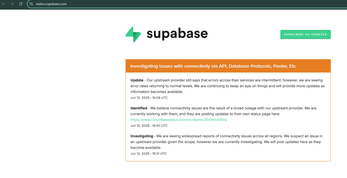 maxintapp's tweet photo. @Cloudflare is down, @supabase is down, @maxintapp is not accessible for users...single point of failure? #SPoF https://t.co/lEkO2IDqZ7