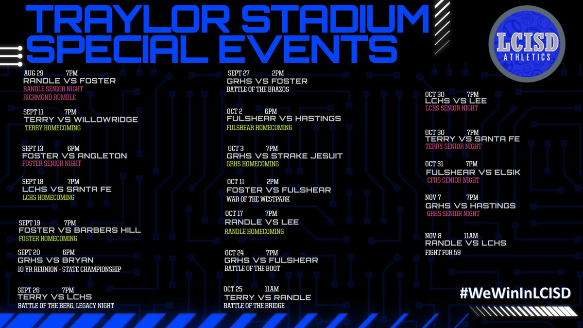LCISD special event nights. Football, band, cheer, drill, ROTC, state championship reunions, legacy nights, senior nights, homecoming. Looking forward to these special nights.