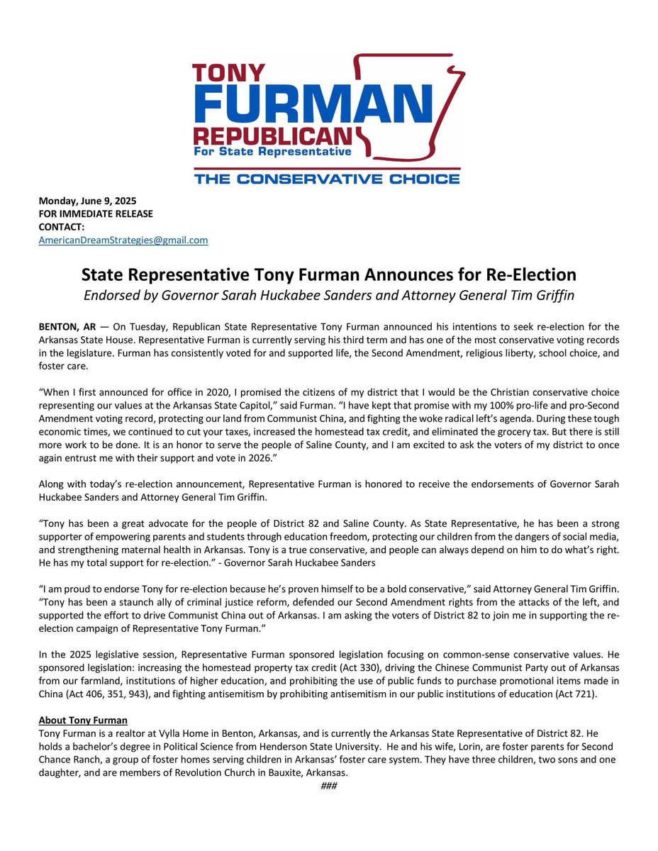 RepTonyFurman's tweet image. Earlier this week I announced my campaign for re-election today. I am proud of my conservative voting record. It is an honor to serve and represent District 82. Thank you to Governor @SarahHuckabee and Attorney General @TG4AG for y'all's endorsement. #arpx #arleg