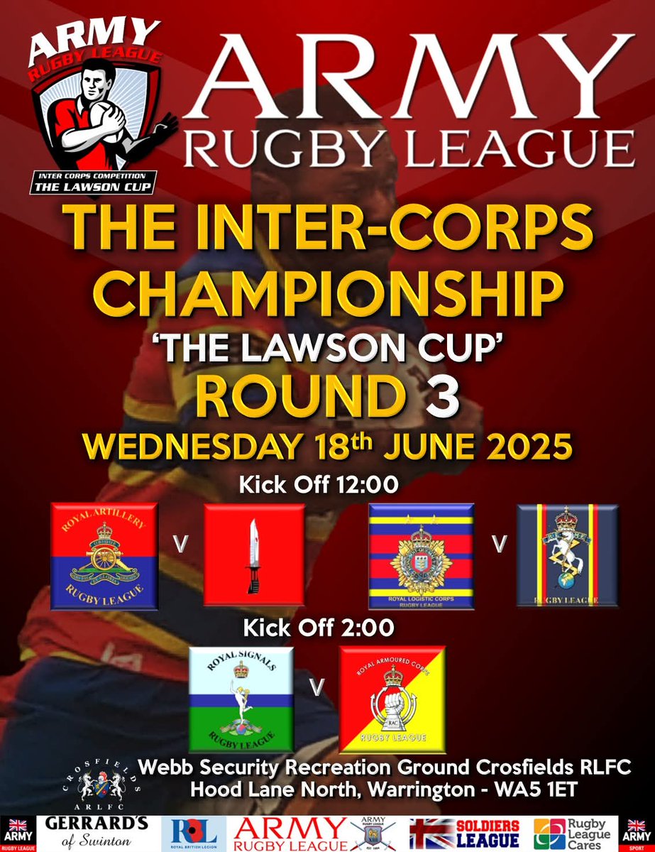 Army Rugby League (@armyrugbyleague) on Twitter photo Wednesday in Warrington!
Round 3 of the <a href="/ArmyRugbyLeague/">Army Rugby League</a> Inter-Corps competition 'The Lawson Cup' takes place at <a href="/CrosfieldsRugby/">Crosfields Rugby</a> on Wed 18 June!
1200
<a href="/Infantry_RL/">Infantry Rugby League</a> v <a href="/GunnerRugby/">GunnerRugby</a>
<a href="/UKArmyLogistics/">The Royal Logistic Corps</a> v <a href="/REME_Rugby/">REME Rugby πΉπ©ππππΉπ©</a>
2:00
<a href="/RACrugbyleague/">RAC RL</a> v <a href="/SignalsRugby/">Royal Signals Rugby</a>
Entrance is π―% FREE!! Wednesday in Warrington!
Round 3 of the <a href="/ArmyRugbyLeague/">Army Rugby League</a> Inter-Corps competition 'The Lawson Cup' takes place at <a href="/CrosfieldsRugby/">Crosfields Rugby</a> on Wed 18 June!
1200
<a href="/Infantry_RL/">Infantry Rugby League</a> v <a href="/GunnerRugby/">GunnerRugby</a>
<a href="/UKArmyLogistics/">The Royal Logistic Corps</a> v <a href="/REME_Rugby/">REME Rugby πΉπ©ππππΉπ©</a>
2:00
<a href="/RACrugbyleague/">RAC RL</a> v <a href="/SignalsRugby/">Royal Signals Rugby</a>
Entrance is π―% FREE!!