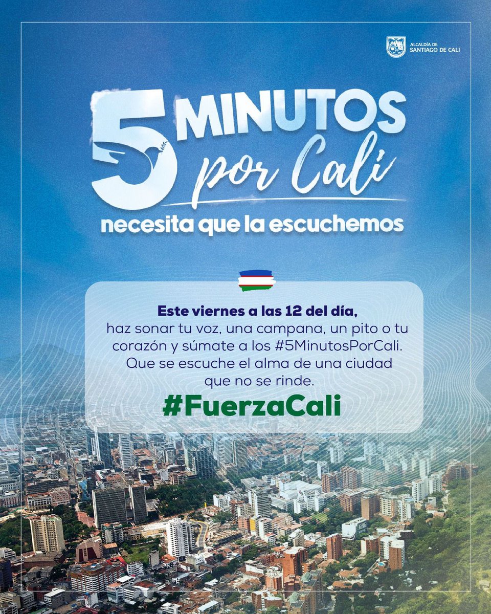 Caleños, este viernes, 13 de junio, a las 12:00 del día, hagamos una pausa de 5 minutos por Cali. 🙌🏼

Desde donde estés, haz un sonido por la vida, la paz y el respeto.

Ayúdanos a que se sienta el alma de una Cali que no se rinde. #5MinutosPorCali #FuerzaCali