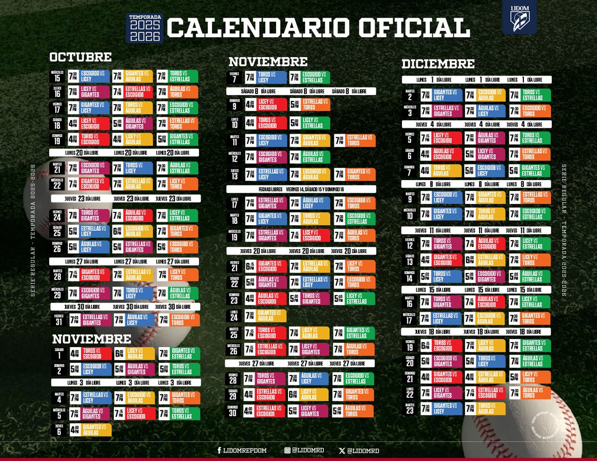 LIDOM: Calendario oficial de la pelota invernal 2025-26