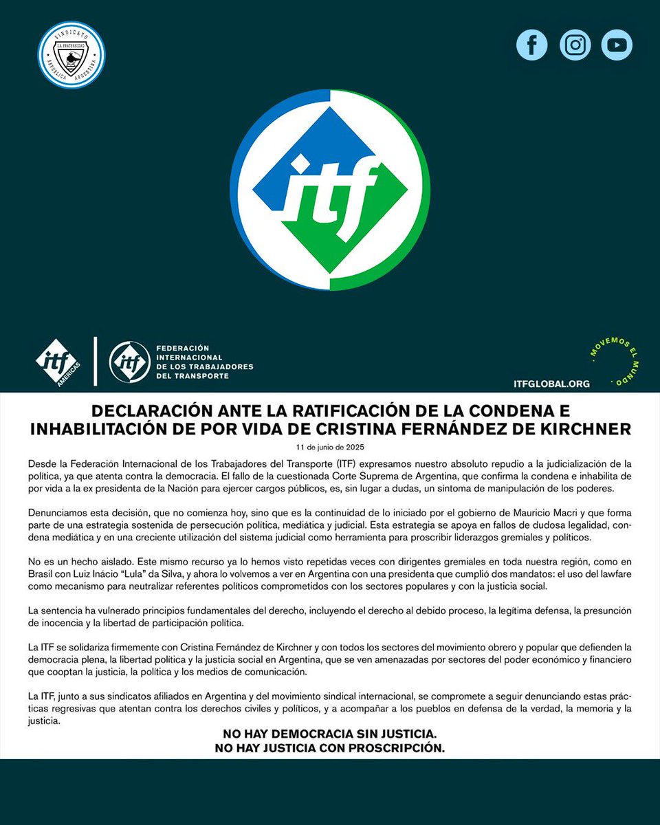 Repudio de ITF a la condena de CFK

La ITF publicó un comunicado donde explicita su postura de rechazo a la condena e inhabilitación de CFK: "atenta contra la democracia".