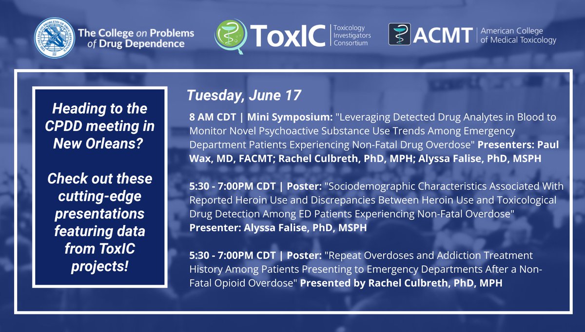 ToxICACMT's tweet image. Heading to #CPDD2025 in New Orleans? ToxIC and ACMT will be representing with several cutting-edge presentations. Full schedule of our activities here 👉bit.ly/3ZsJptp
@CPDDorg @alyssafalise @PeterRchai @Dr_Carreiro @ZiadKazzi @CFSRE_ @NPSDiscovery @acmtmedtox