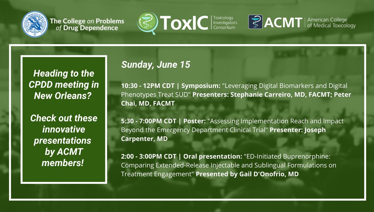 ToxICACMT's tweet image. Heading to #CPDD2025 in New Orleans? ToxIC and ACMT will be representing with several cutting-edge presentations. Full schedule of our activities here 👉bit.ly/3ZsJptp
@CPDDorg @alyssafalise @PeterRchai @Dr_Carreiro @ZiadKazzi @CFSRE_ @NPSDiscovery @acmtmedtox