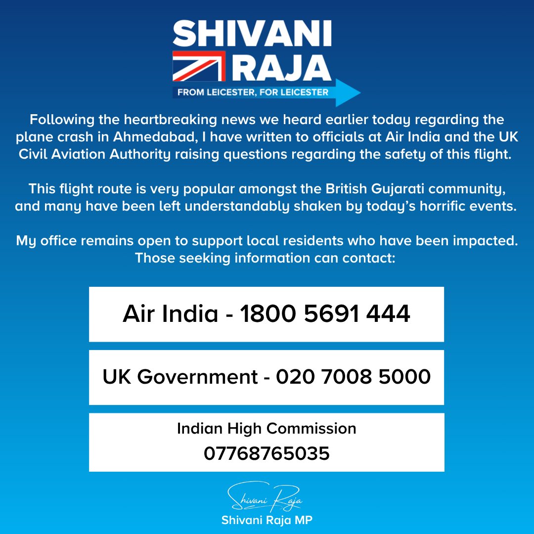 Shivani Raja MP (@shivaniraja_le) on Twitter photo My update following this morning's tragic crash in Ahmedabad. I will continue to support residents wherever possible. My update following this morning's tragic crash in Ahmedabad. I will continue to support residents wherever possible.