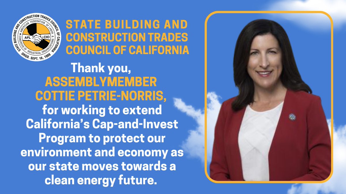 California Building Trades Council (@ca_bldg_trades) on Twitter photo Thank you, <a href="/AsmCottie/">Assemblywoman Cottie Petrie-Norris</a>, for working to extend California's Cap-and-Invest Program to protect our environment and economy as our state moves towards a clean energy future. #CALeg
<a href="/CAgovernor/">Governor Gavin Newsom</a> <a href="/GovPressOffice/">Governor Newsom Press Office</a> <a href="/TheIronworkers/">Iron Workers Union</a> <a href="/iuoe_union/">International Union of Operating Engineers</a> <a href="/CANV_OE/">CA-NV Conference of Operating Engineers</a> <a href="/TeamstersCA/">Teamsters California</a> <a href="/smartunionworks/">SMART Union</a> <a href="/IBEW/">IBEW</a> Thank you, <a href="/AsmCottie/">Assemblywoman Cottie Petrie-Norris</a>, for working to extend California's Cap-and-Invest Program to protect our environment and economy as our state moves towards a clean energy future. #CALeg
<a href="/CAgovernor/">Governor Gavin Newsom</a> <a href="/GovPressOffice/">Governor Newsom Press Office</a> <a href="/TheIronworkers/">Iron Workers Union</a> <a href="/iuoe_union/">International Union of Operating Engineers</a> <a href="/CANV_OE/">CA-NV Conference of Operating Engineers</a> <a href="/TeamstersCA/">Teamsters California</a> <a href="/smartunionworks/">SMART Union</a> <a href="/IBEW/">IBEW</a>