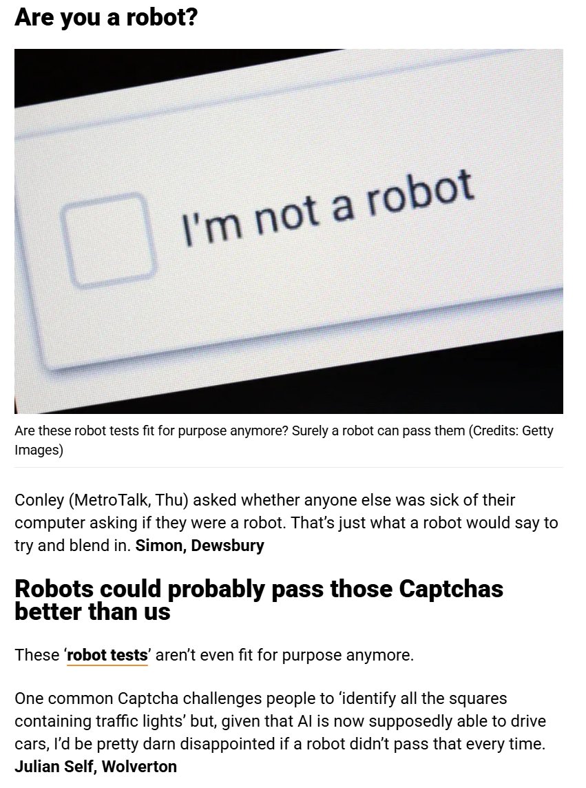 Are #Captcha tests fit for purpose anymore? My letter in tomorrow's Metro: