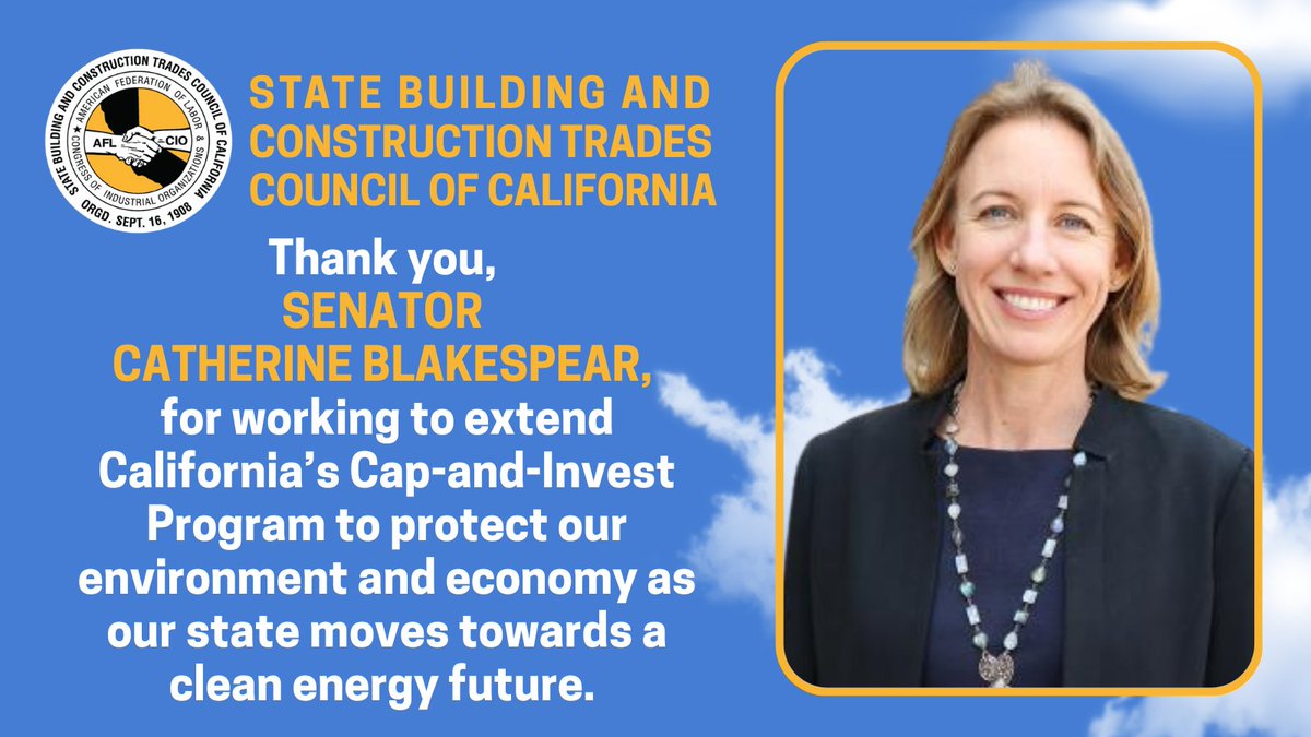 California Building Trades Council (@ca_bldg_trades) on Twitter photo Thank you, <a href="/SenBlakespear/">Senator Catherine Blakespear</a>, for working to extend California's Cap-and-Invest Program to protect our environment and economy as our state moves towards a clean energy future. #CALeg
<a href="/CAgovernor/">Governor Gavin Newsom</a> <a href="/GovPressOffice/">Governor Newsom Press Office</a> <a href="/TheIronworkers/">Iron Workers Union</a> <a href="/iuoe_union/">International Union of Operating Engineers</a> <a href="/CANV_OE/">CA-NV Conference of Operating Engineers</a> <a href="/TeamstersCA/">Teamsters California</a> <a href="/smartunionworks/">SMART Union</a> Thank you, <a href="/SenBlakespear/">Senator Catherine Blakespear</a>, for working to extend California's Cap-and-Invest Program to protect our environment and economy as our state moves towards a clean energy future. #CALeg
<a href="/CAgovernor/">Governor Gavin Newsom</a> <a href="/GovPressOffice/">Governor Newsom Press Office</a> <a href="/TheIronworkers/">Iron Workers Union</a> <a href="/iuoe_union/">International Union of Operating Engineers</a> <a href="/CANV_OE/">CA-NV Conference of Operating Engineers</a> <a href="/TeamstersCA/">Teamsters California</a> <a href="/smartunionworks/">SMART Union</a>