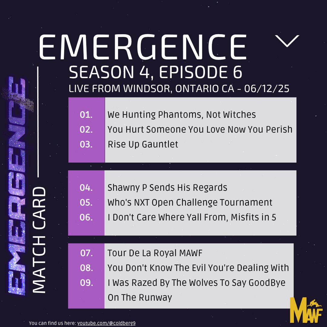 Hi everyone👋🏾 This evening's S4:E6 #MAWFEmergence show is coming to you from Windsor, Ontario CA! Your match card is below.   

Yes, I know it's Thursday. If you hated not seeing us last night, make sure you show your face tonight😉 👉🏾twitch.tv/coldberg9 #WWE2K25 #MAWF