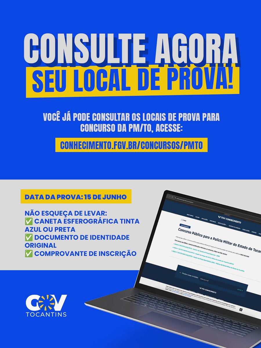 Confira seu local de prova, candidato!
⏰ Horário da prova: das 8h00 às 12h00.

Fique ligado! Os portões fecham às 07h30min. Recomendamos que os candidatos cheguem com antecedência mínima de 1 hora e 30 minutos.