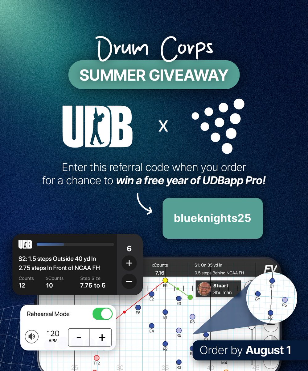 🎉Drum Corps Summer Giveaway!🎉 
BK has partnered with @ultimatedrillbook to give you a chance to win UDBapp for FREE!

To enter:
1️⃣ Order UDBapp before 8/1
2️⃣ Use code blueknights25 at checkout
3️⃣ You’re automatically entered for a chance to win a full refund