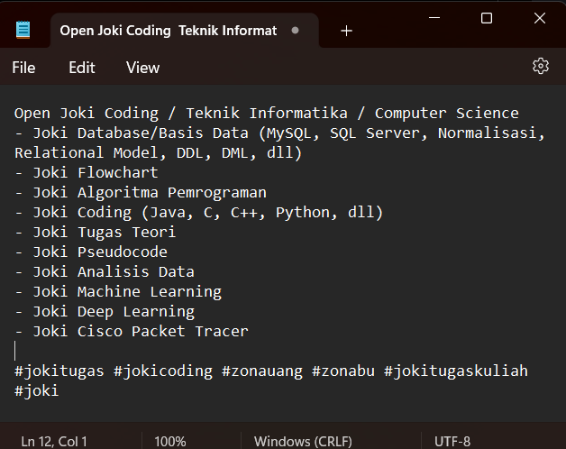 aku sudahh open yaa teman2
yang mau joki coding, database, dan tugas IT lainnya boleh bangett 😇

Spess lainnya juga bisa, dikerjain sama sarjana spess lainnya🗿

wa di bio yaa

#zonauang 262